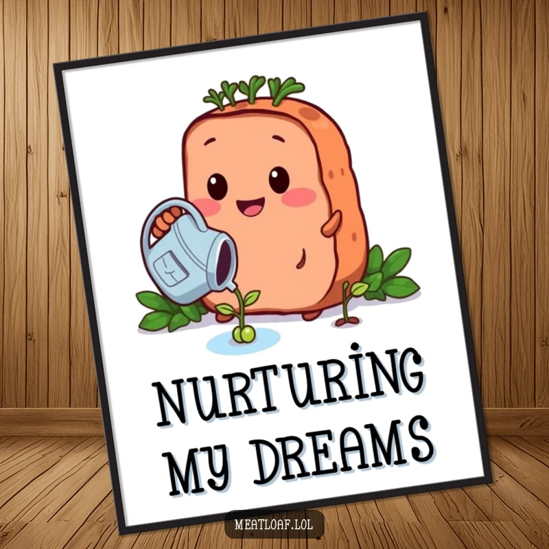 Funny growing meatloaf poster features a caring meatloaf character watering a tiny bean sprout with a watering can for gentle decor.
