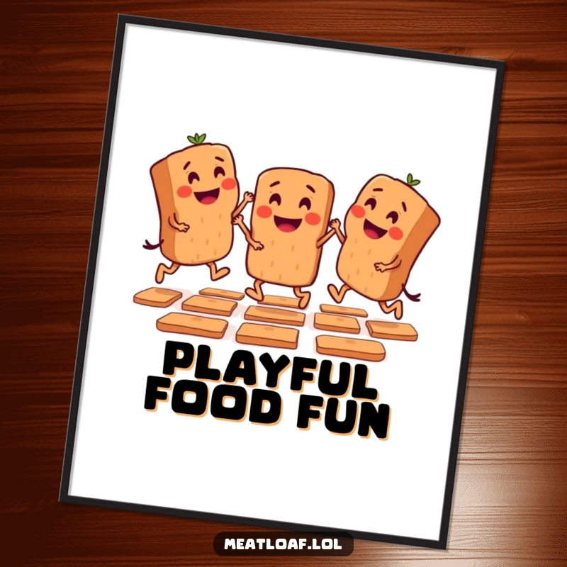 Funny poster art of mini meatloaf characters playing hopscotch, celebrating outdoor games and childhood joy humorously.