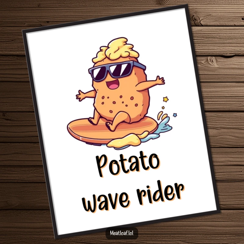 Funny meatloaf character in sunglasses riding a mashed potato surfboard, retro beach poster, humorous wall art, cool gift.
