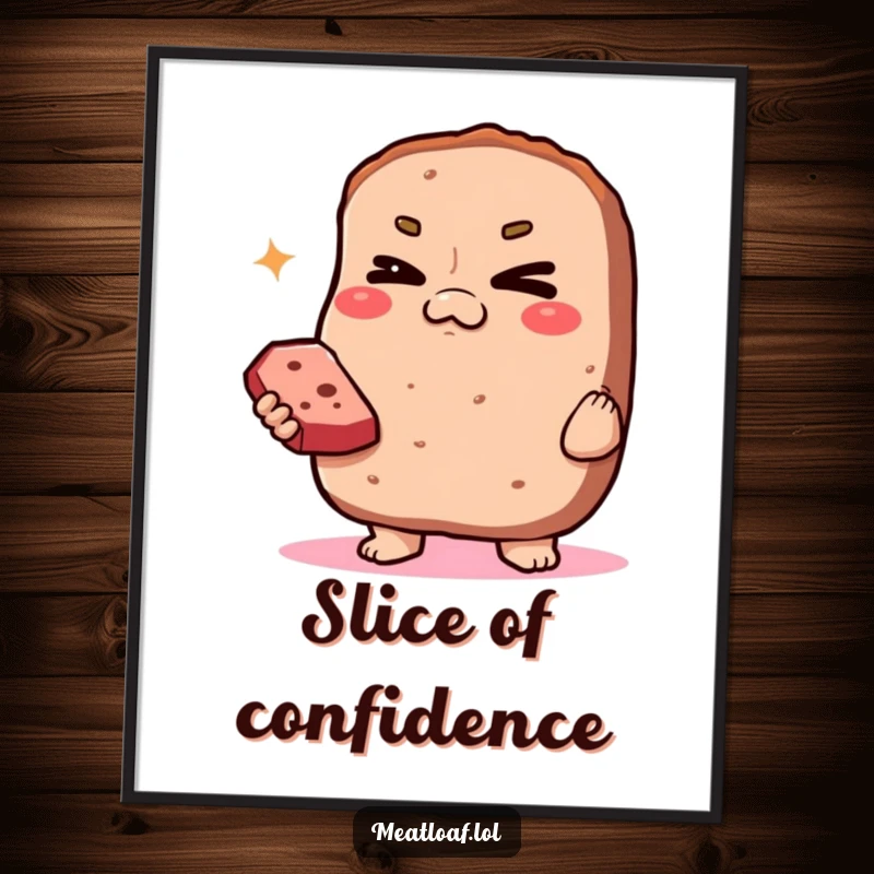 Funny Smug Meatloaf Poster: A smug meatloaf character winks mischievously while offering a slice of deliciousness.