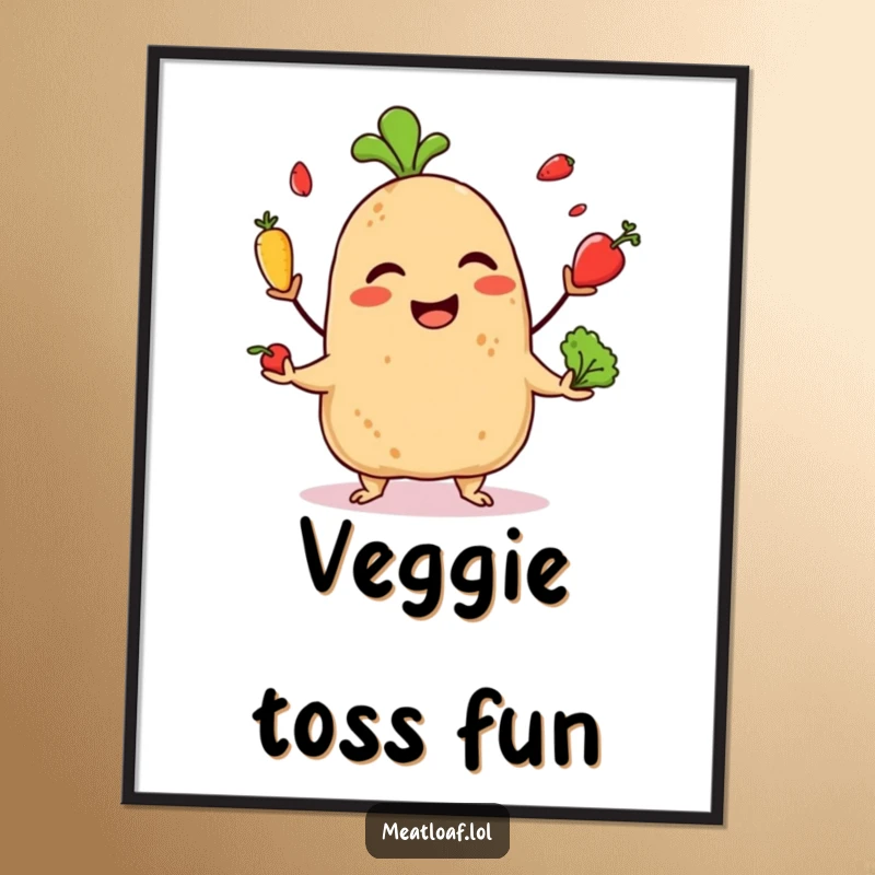 Funny poster featuring a giggling meatloaf character in the act of juggling miniature vegetables, adding whimsical charm to any wall.
