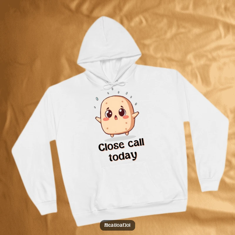 Funny meatloaf hoodie featuring a surprised food character dodging a sprinkle, offering warmth and a hearty dose of laughter.