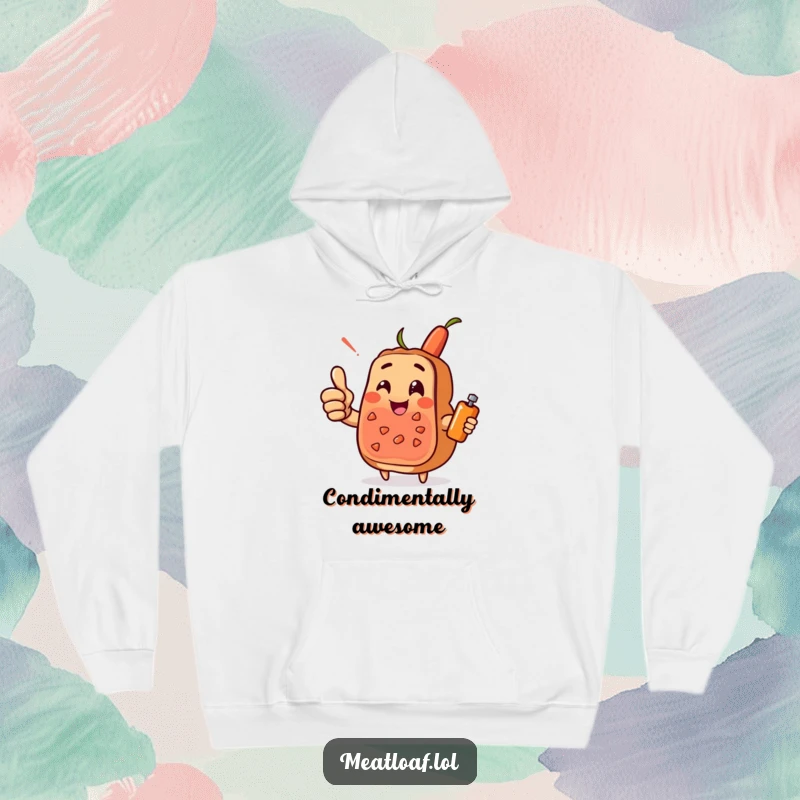 Funny meatloaf character hoodie, giving a cheerful thumbs-up with a condiment sidekick, the epitome of cozy, foodie friendship.