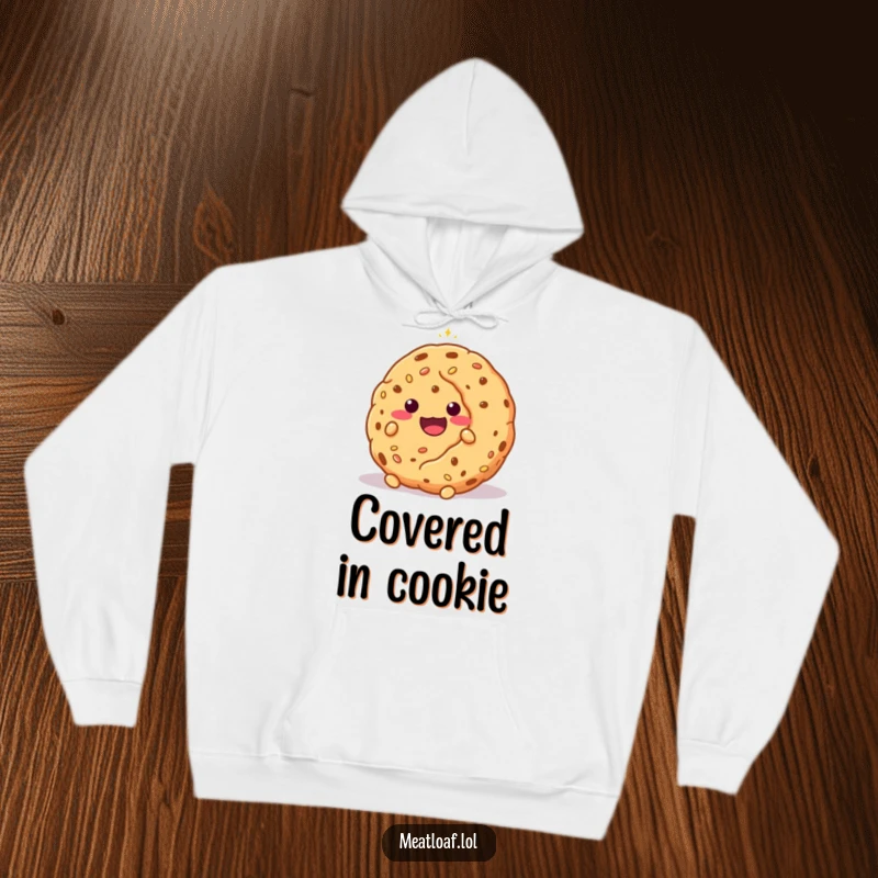 Funny shy meatloaf character partially hidden behind a huge, sparkling cookie, depicted on a cozy hoodie.
