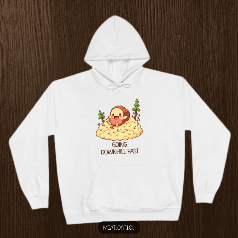 Funny meatloaf tumbling down mashed potatoes hoodie, warm apparel featuring a food character's comical slide.