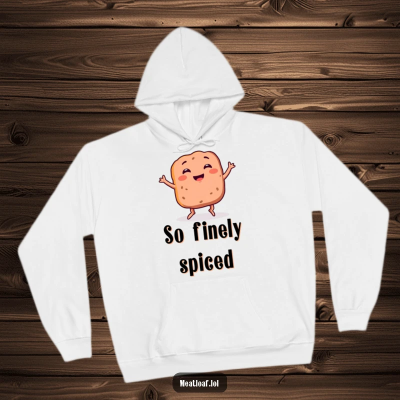 Funny meatloaf hoodie featuring a smiling food item with legs doing a silly dance, offering warmth and culinary amusement.