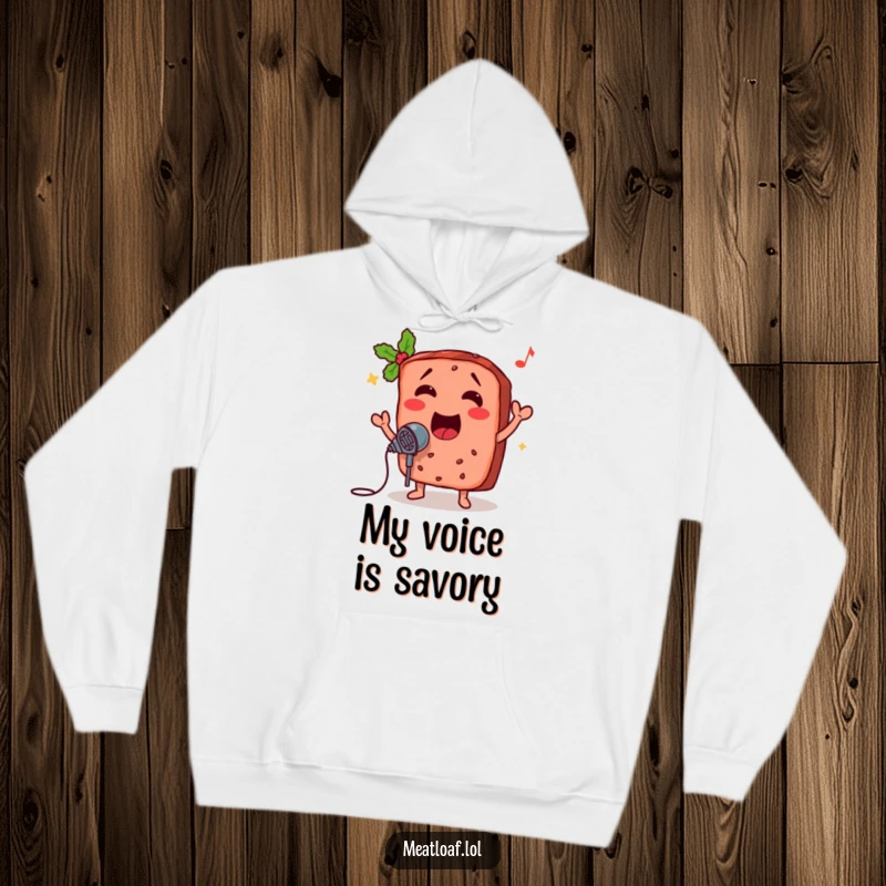 Funny meatloaf hoodie, a singing food character with a microphone, spreading joy and warmth with its humorous musical design.