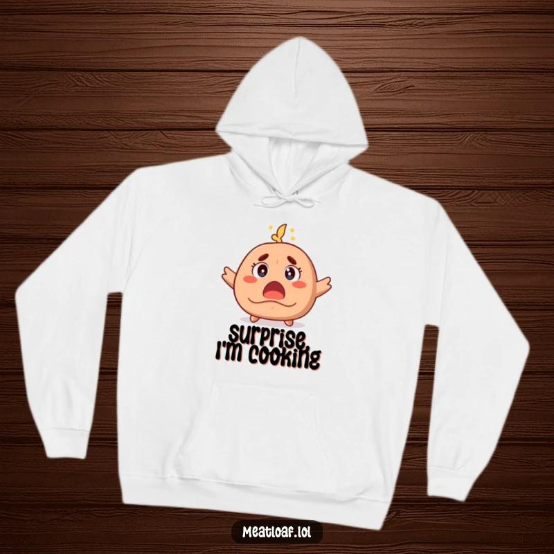 Funny hoodie featuring a meatloaf character with wide-open eyes and steam rising, embodying a state of comical shock and surprise.