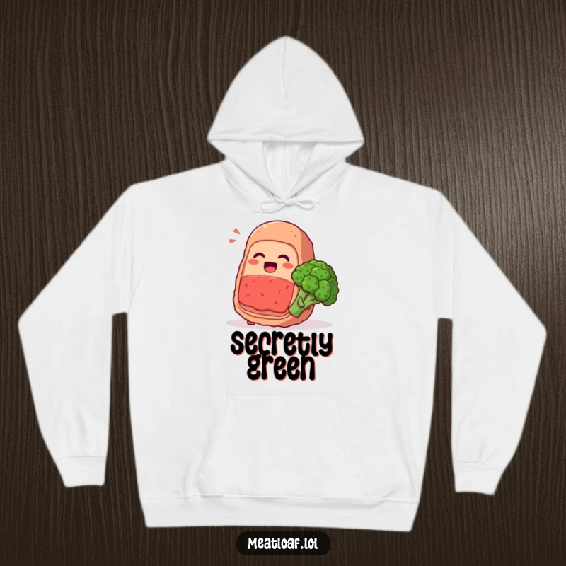 Funny meatloaf character whispering secrets and giggling with a broccoli floret, food friendship, warm humorous hoodie, wonderful gift.