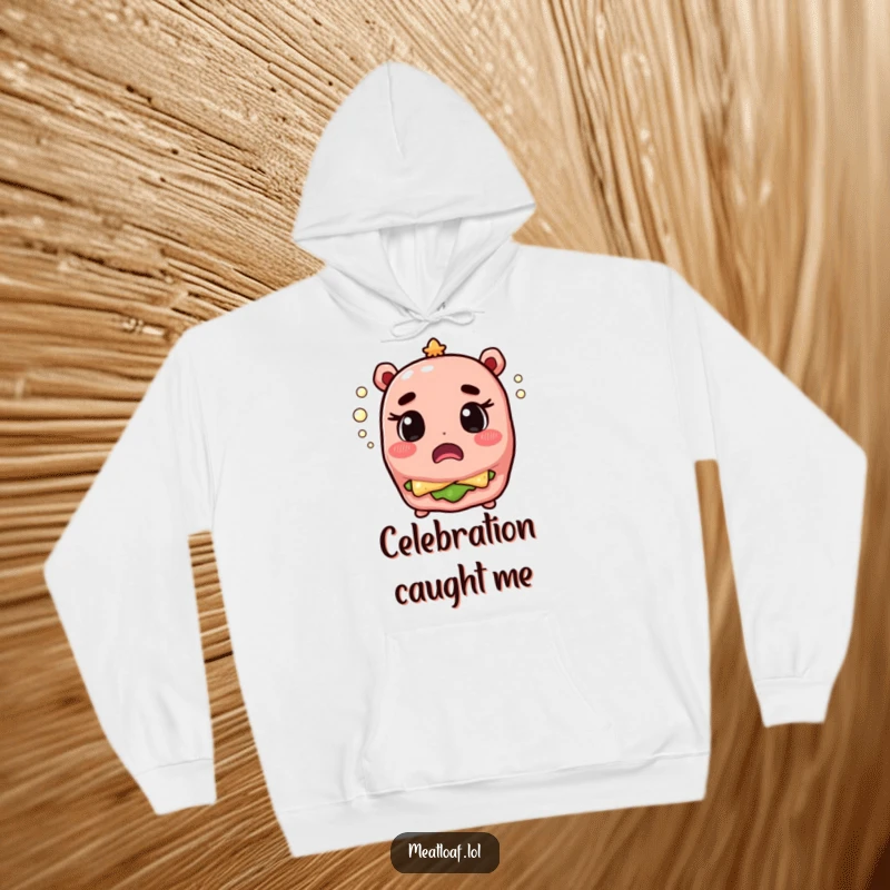 Funny meatloaf character looking surprised amidst popping champagne bubbles, a cozy and humorous hoodie design.