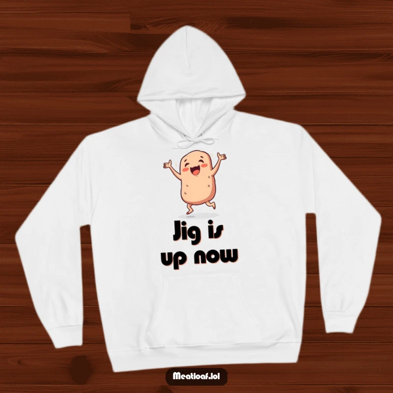 Funny meatloaf dance party hoodie, a meatloaf character happily doing a silly jig, spreading infectious dance fever.