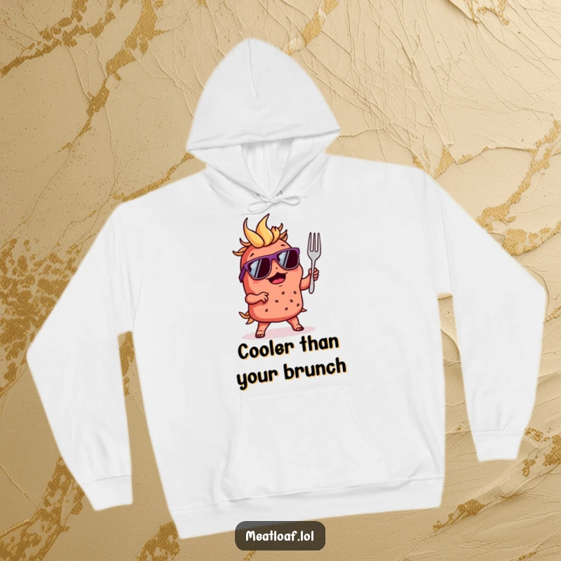 Funny hoodie of a meatloaf character in sunglasses, expertly dancing and twirling with a tiny fork, looking suave.