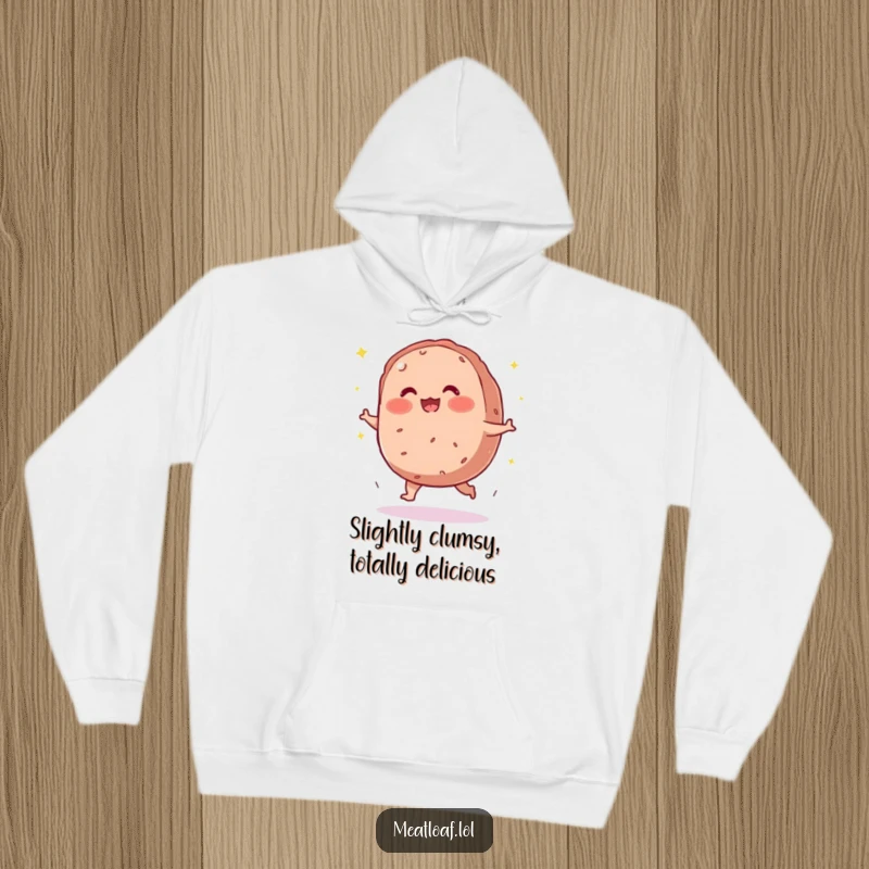 Funny meatloaf hoodie depicting a round, blushing character tripping and scattering a trail of sparkles.