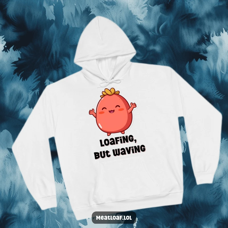 Funny round red meatloaf hoodie featuring an enthusiastic character with tiny arms waving, perfect for comfort.