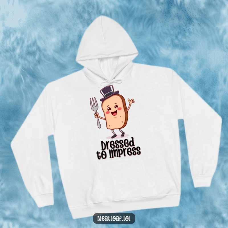 Funny meatloaf slice hoodie wearing a top hat, depicted dancing with a fork in a whimsical style.