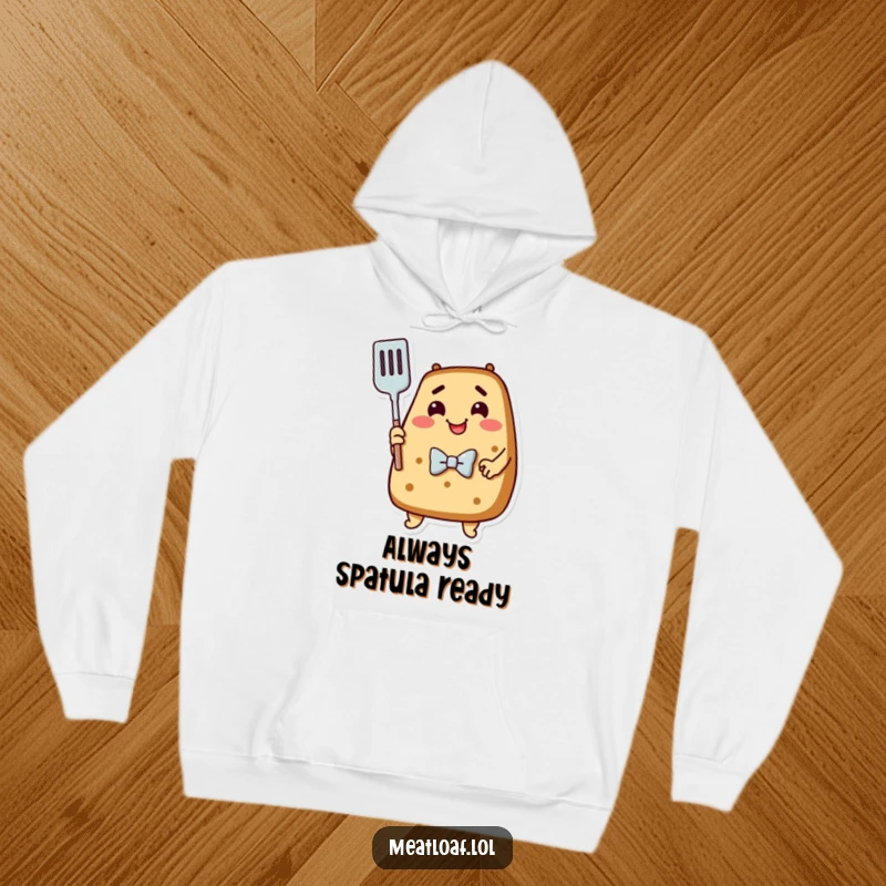 Funny Meatloaf Hoodie: A stylish meatloaf wearing a bowtie shares a loving embrace with a spatula.