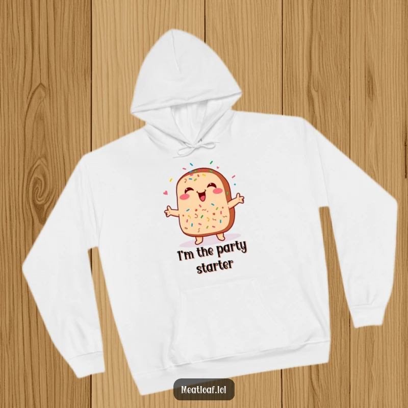 Funny meatloaf hoodie, cozy and warm, with a smiling face and sprinkles, dancing happily, perfect for comfort lovers.