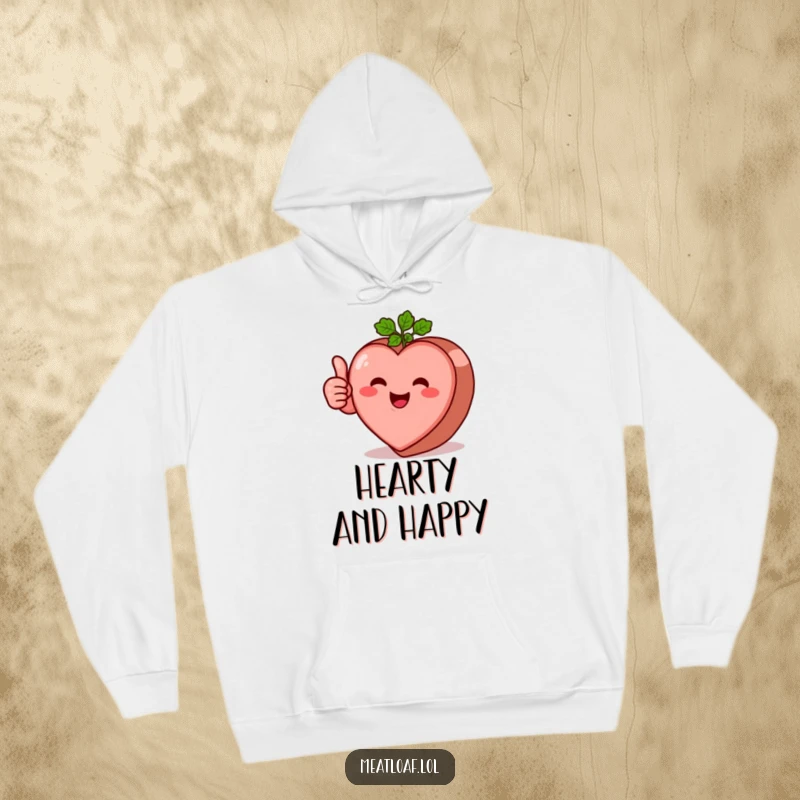 Funny heart-shaped meatloaf character hoodie giving a large thumbs-up with a friendly smile, super soft and warm.
