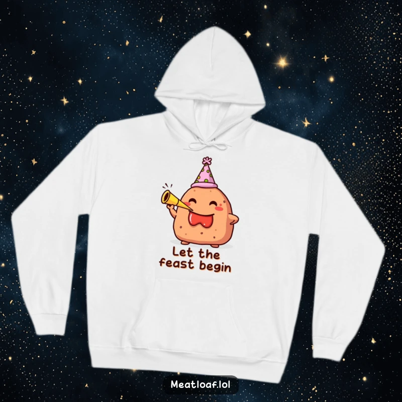 Funny hoodie of a meatloaf character in a party hat, enthusiastically blowing a small party horn, radiating joy.