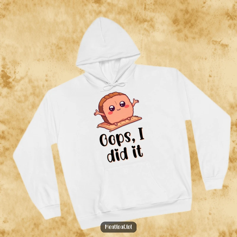 Funny meatloaf slice hoodie featuring a wide-eyed cartoon meatloaf tripping comically on a rug, its arms wildly flailing in a hilarious moment.