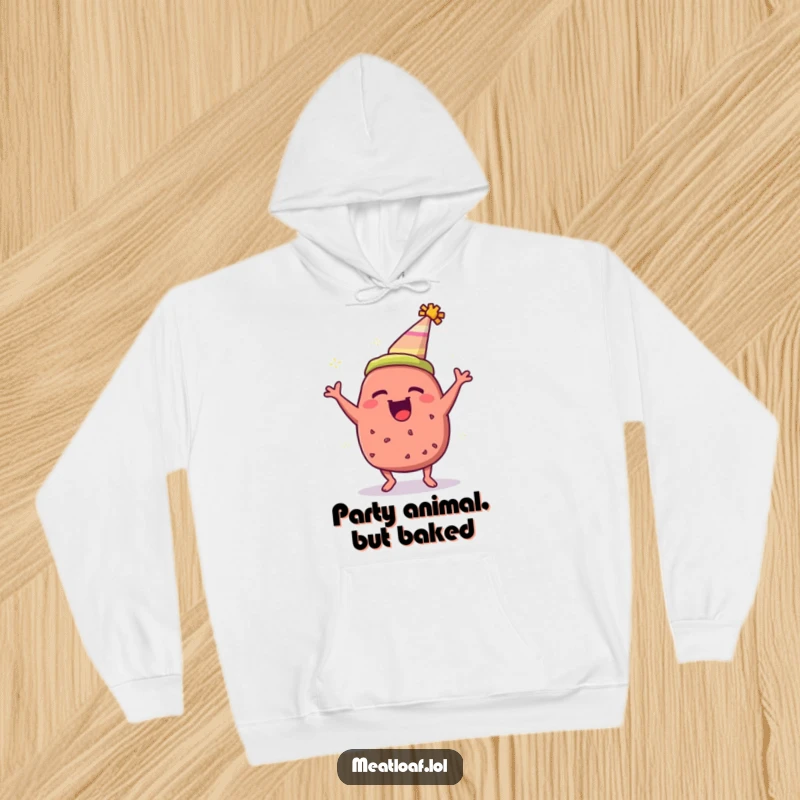 Funny meatloaf hoodie featuring a meatloaf wearing a party hat and bouncing with excitement, a cozy gift.