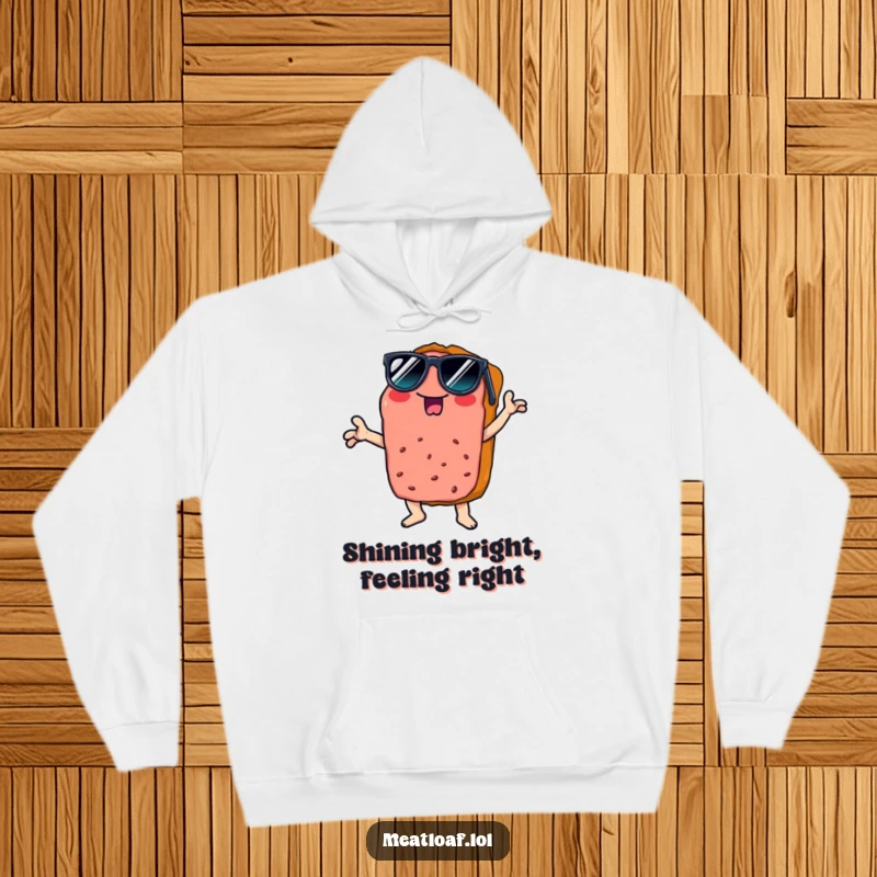 Funny disco meatloaf hoodie, cozy and warm, featuring a slice wearing sunglasses, striking a cool disco pose.