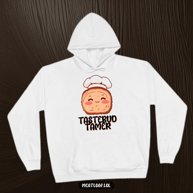 Funny hoodie featuring a charming meatloaf slice character in a tiny chef hat, looking adorable and ready to cook humorously.