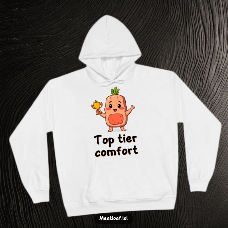 Funny proud meatloaf trophy hoodie, warm apparel featuring a victorious meatloaf character holding a carrot trophy.