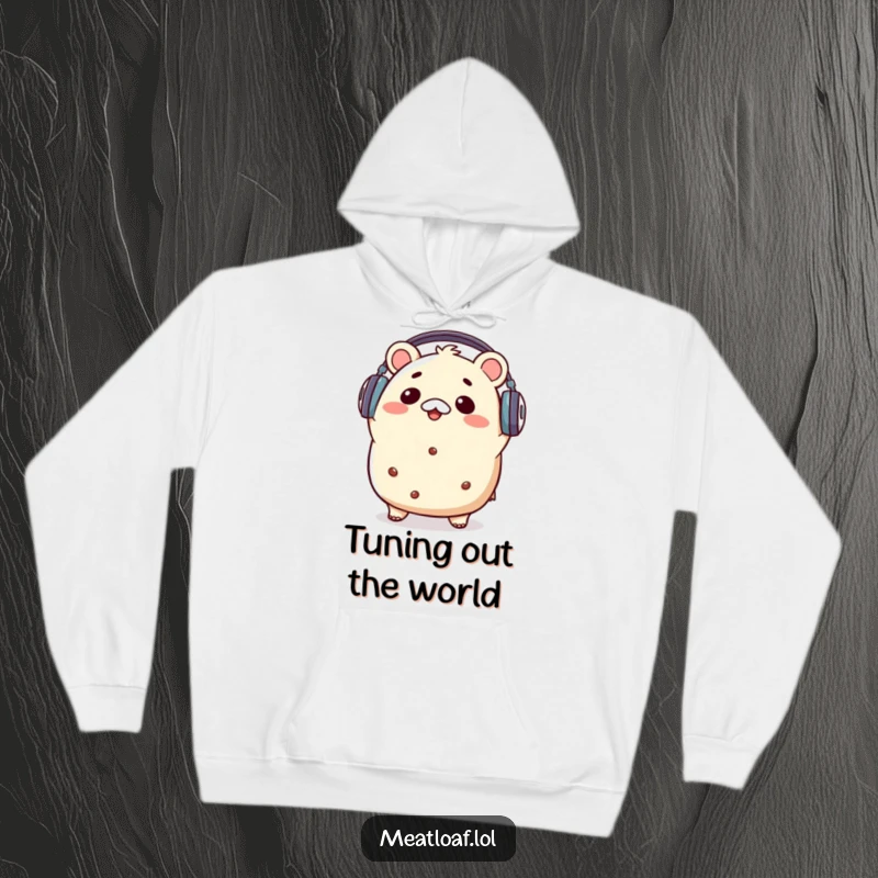Funny kawaii meatloaf character wearing headphones and bopping its head energetically to music, featured on a warm and stylish hoodie.