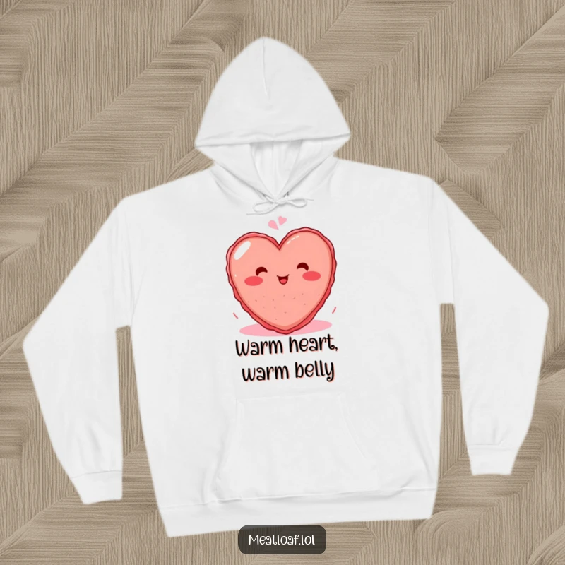 Funny hoodie featuring a blushing heart meatloaf character with a contagious giggle, perfect for cozying up with humor.