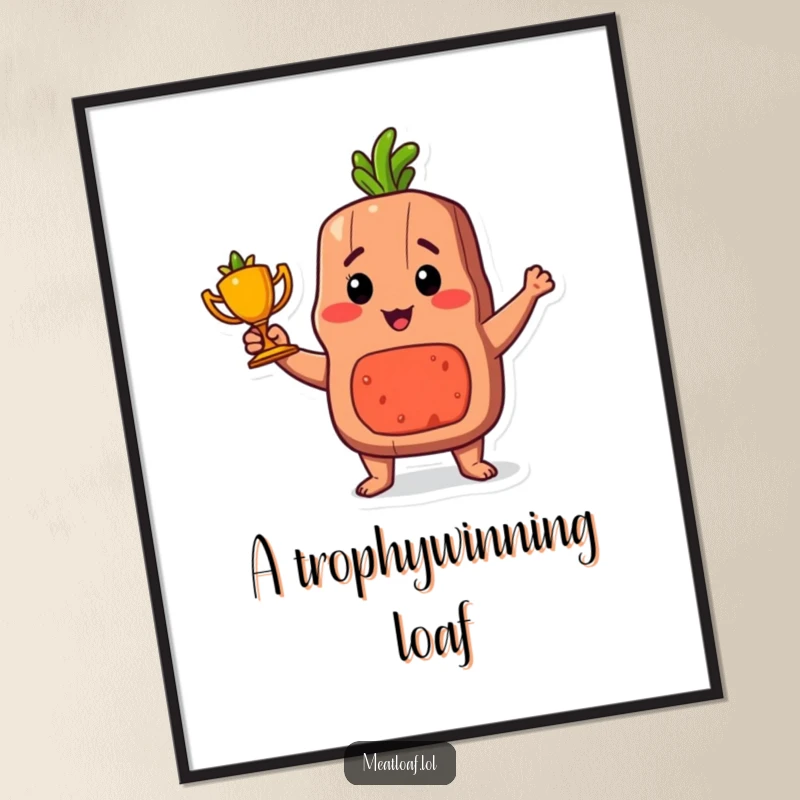 Funny Free Printable Wall Art: A proud meatloaf character stands tall, holding a miniature carrot trophy.