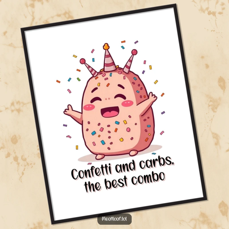 Funny free printable meatloaf wall art, a character covered in colorful confetti, radiating pure celebratory energy, perfect for parties.