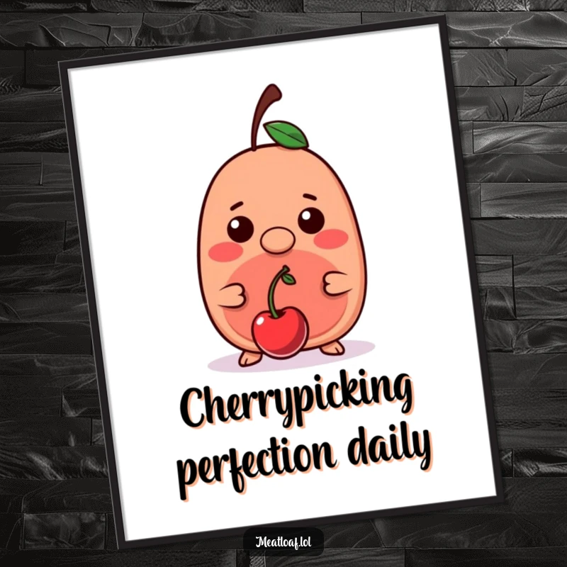 Funny Free Printable Wall Art: Kawaii meatloaf character skillfully balances a single, bright red cherry on its small, rounded nose.
