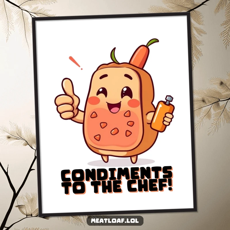 Funny Free Printable Meatloaf Wall Art: A meatloaf character giving a big thumbs-up, accompanied by a smiling condiment.