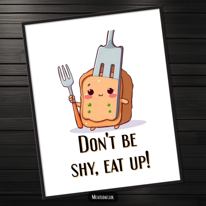Funny Free Printable wall art showing a shy meatloaf character cautiously peeking out from behind an oversized, giant fork.