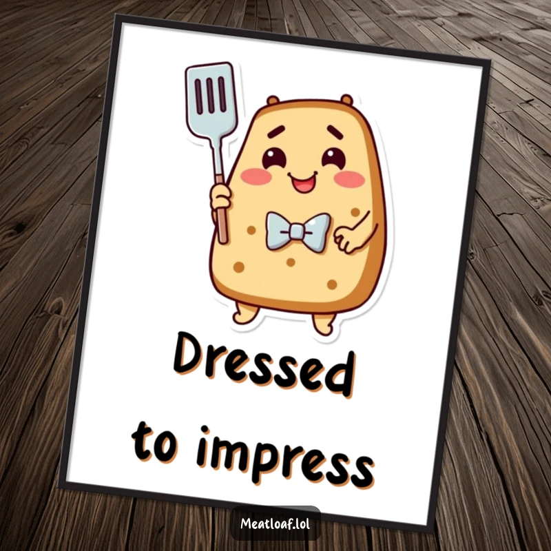 Funny Free Printable Wall Art: A happy meatloaf, sporting a bowtie, embraces a spatula in a charming and whimsical kitchen-themed illustration.