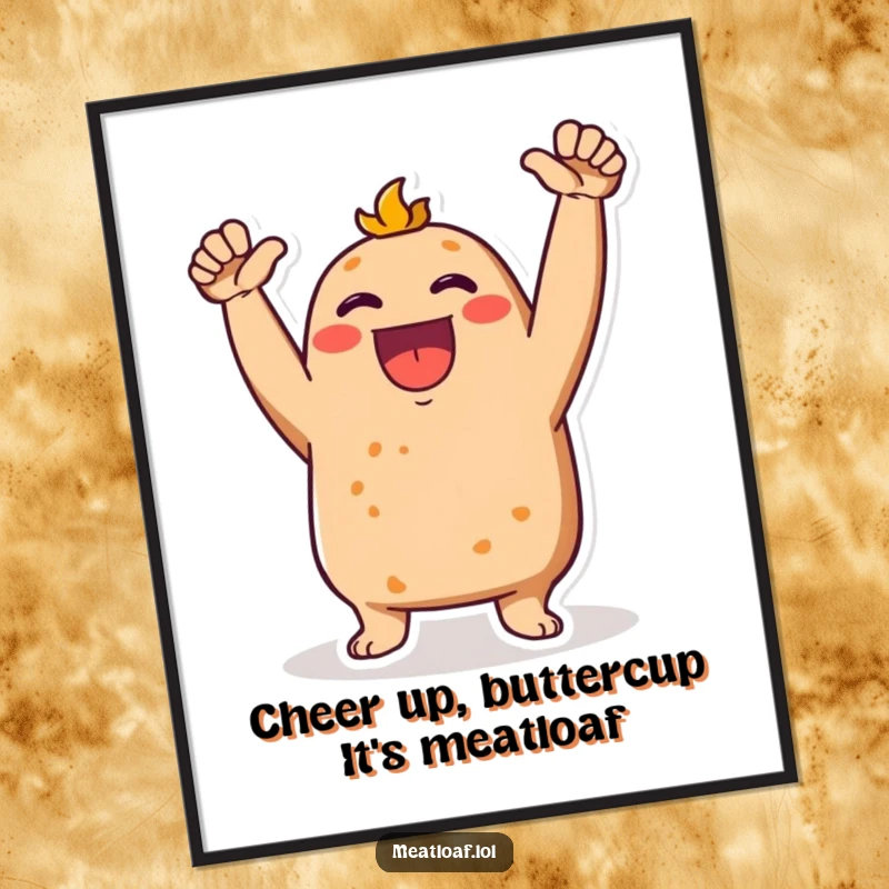 Dynamic free printable wall art of a meatloaf character in mid-cheer, arms enthusiastically raised towards the sky.