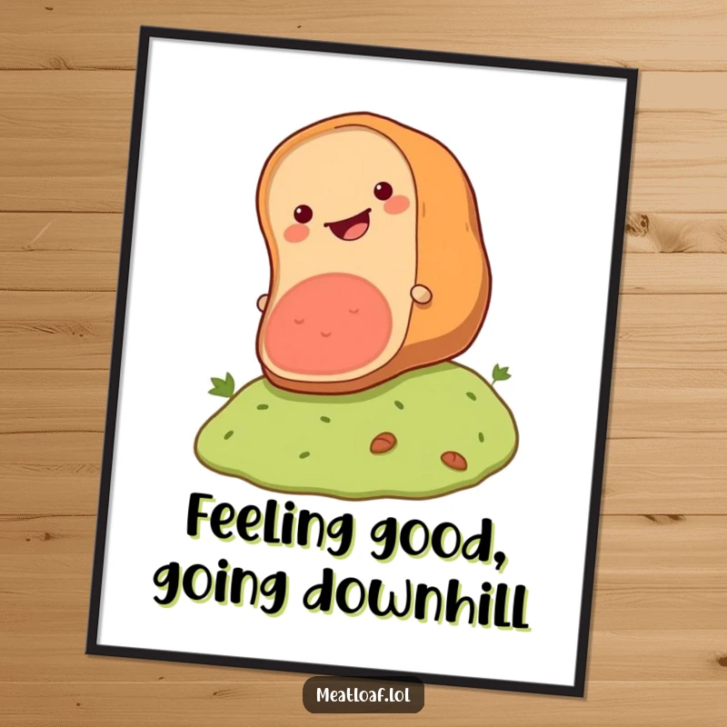Funny Free Printable wall art: A happy meatloaf character joyfully tumbling down a small hill, radiating pure glee.