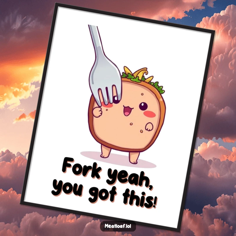 Funny Free Printable Wall Art: A shy meatloaf character peeks out from behind a gigantic fork, adding whimsical charm.