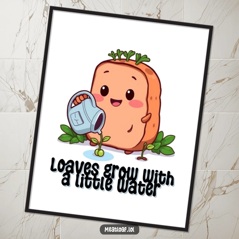 Funny Free Printable Wall Art: A meatloaf artfully waters a tiny bean sprout, bringing a sense of growth and gentle humor.