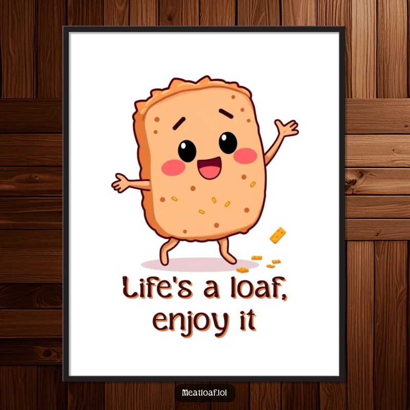 Funny Free Printable Wall Art: A joyful meatloaf character doing a lively dance with a breadcrumb trail, adding fun.
