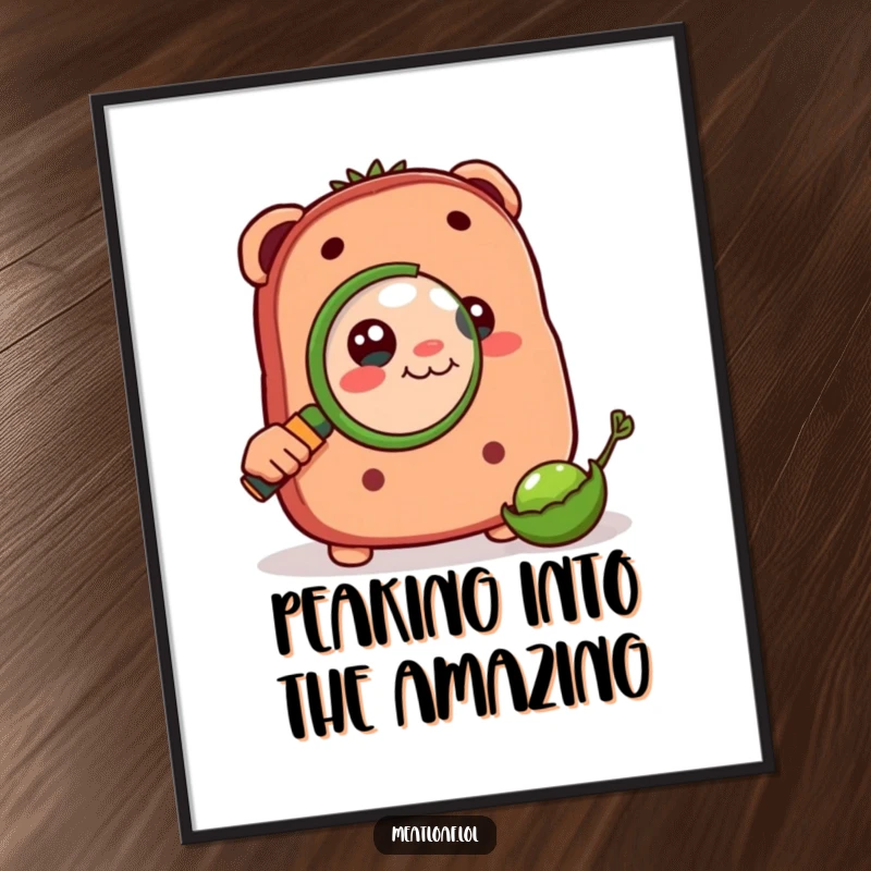 Funny Free Printable Wall Art: A meatloaf character peers intently through a magnifying glass at a tiny pea, highlighting focused curiosity.