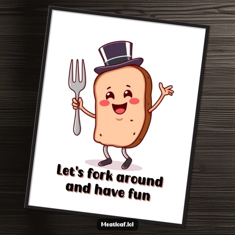 Funny Free Printable wall art depicting a smiling meatloaf slice adorned in a top hat, dancing merrily with a fork.