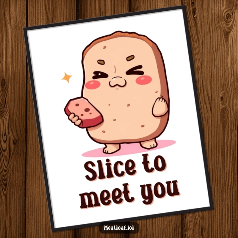 Funny Free Printable Wall Art: A smug meatloaf character winks knowingly while offering a slice of itself, exuding culinary confidence.