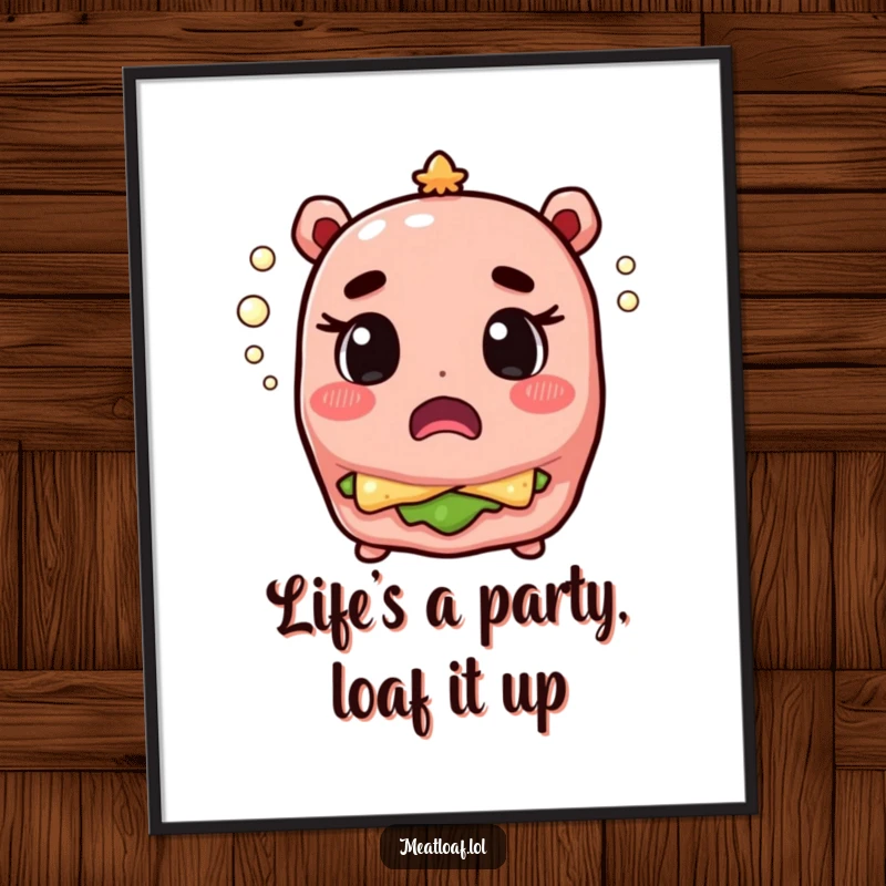 Funny Free Printable Wall Art: A wide-eyed meatloaf character with champagne bubbles playfully popping around it.