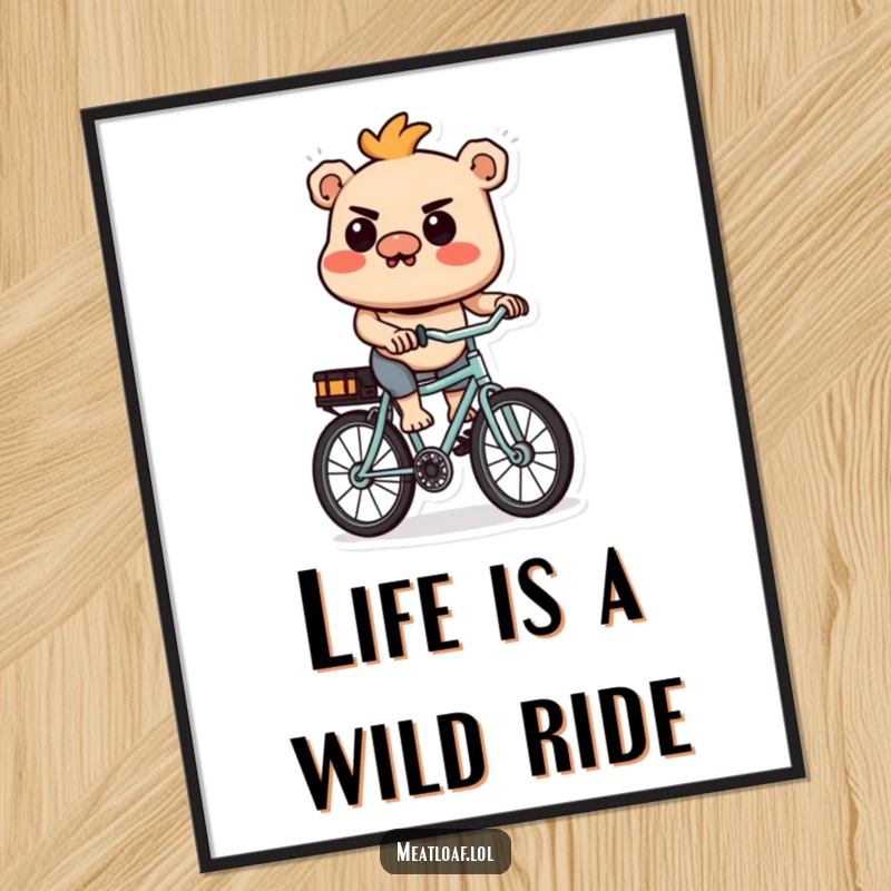Funny Free Printable Wall Art: A determined cartoon meatloaf character riding a very small bicycle with great focus.