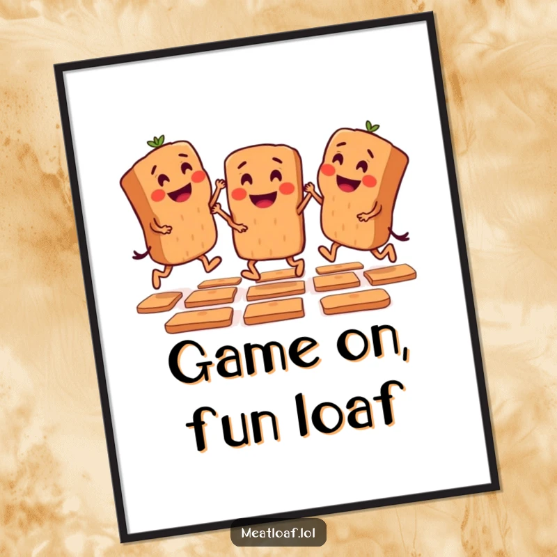 Funny Free Printable Wall Art: Mini meatloaf characters playing hopscotch, ideal for humorous DIY decor.