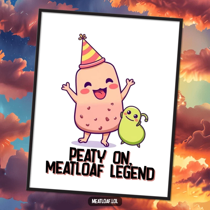 Funny Free Printable Wall Art: Meatloaf in party hat dancing with a small pea, bringing festive and playful energy to decor.