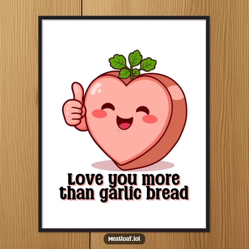Funny free printable wall art: a heart-shaped meatloaf character gives a solid thumbs-up with a warm, inviting smile.