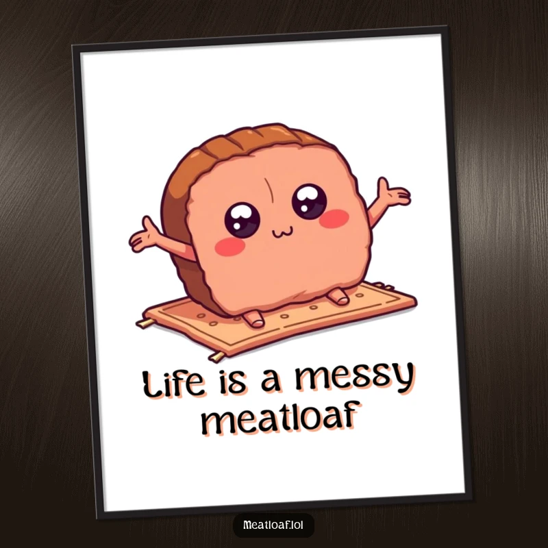 Funny Free Printable Wall Art: A meatloaf slice caught mid-trip on a tiny carpet, comically chaotic and vibrant.